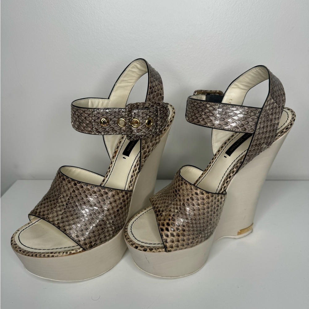 Louis Vuitton Brown Snakeskin Platform Wedges Sz 39